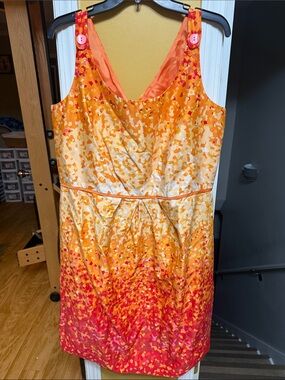 Le Bos 14W Orange Coral Confetti Print Sheath Dress Plus Size Sleeveless